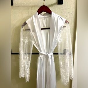White silk and lace full length bridal robe